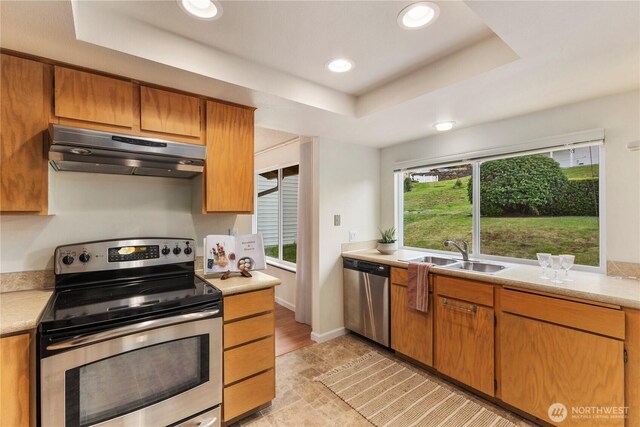 kitchen with a tray ceiling, appliances with stainless steel finishes, a sink, light countertops, and under cabinet range hood