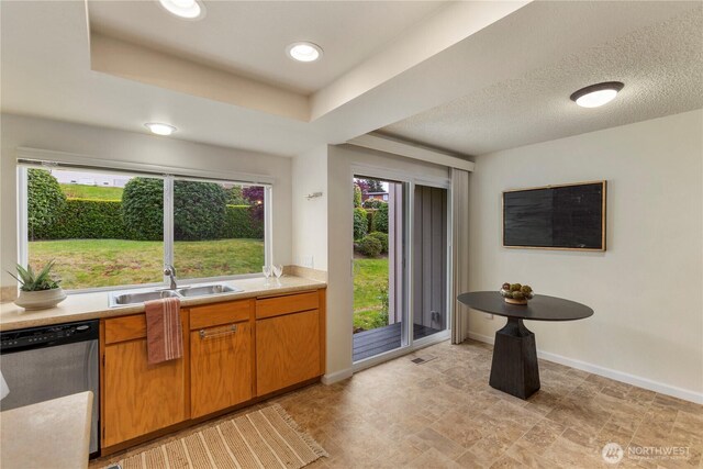 kitchen with a sink, dishwasher, a wealth of natural light, and light countertops