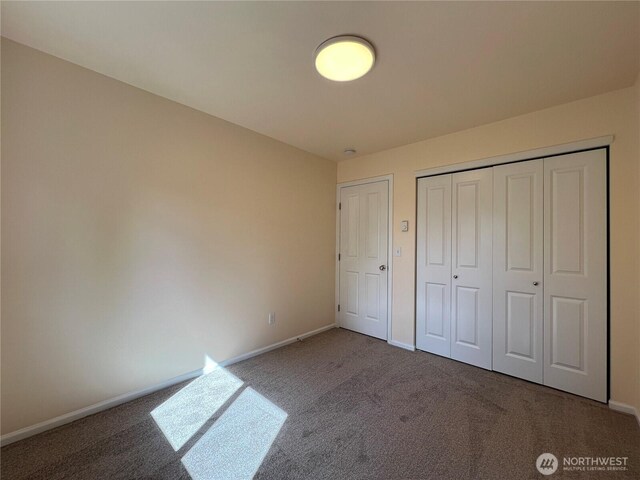 unfurnished bedroom featuring baseboards, carpet, and a closet