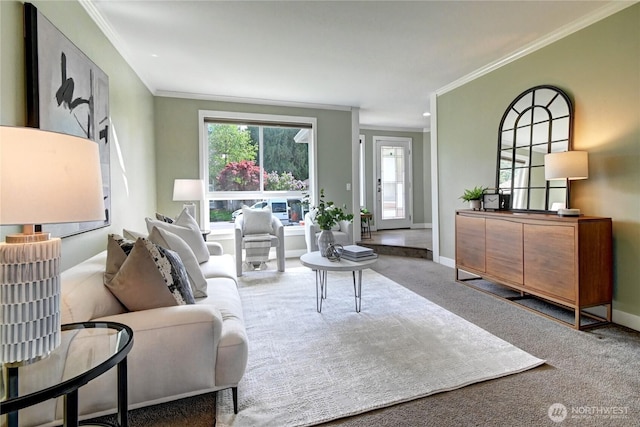 living area with a healthy amount of sunlight, baseboards, ornamental molding, and carpet flooring
