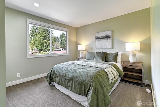 bedroom featuring baseboards, carpet flooring, and recessed lighting