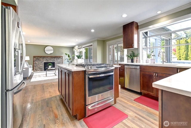 kitchen with crown molding, a stone fireplace, open floor plan, a sink, and stainless steel appliances