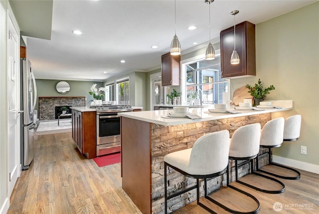 3933 119th Pl SE, Everett, WA 98208 - kitchen with stainless steel appliances, baseboards, light wood finished floors, a peninsula, and light countertops