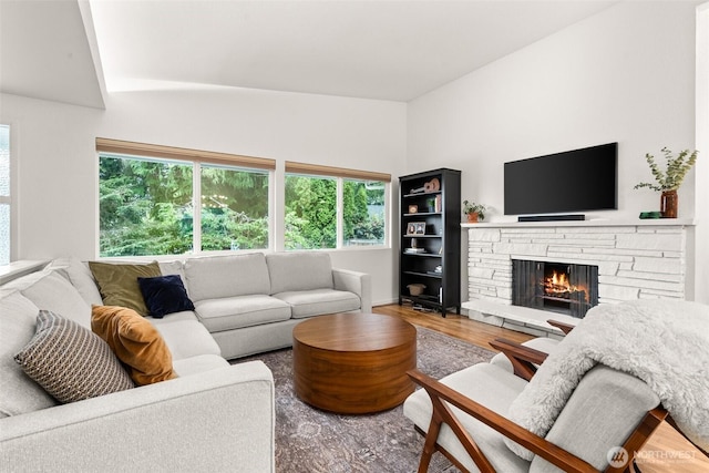 living area with baseboards, wood finished floors, and a fireplace