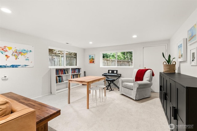 office area featuring recessed lighting and light carpet