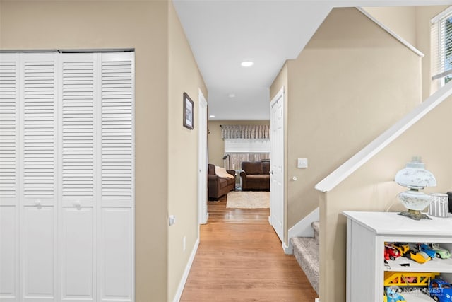 3688 E Indiana St, Port Orchard, WA 98366 - hallway featuring light wood-style floors, stairs, recessed lighting, and baseboards