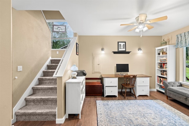 3688 E Indiana St, Port Orchard, WA 98366 - home office with a ceiling fan, dark wood-style floors, and baseboards