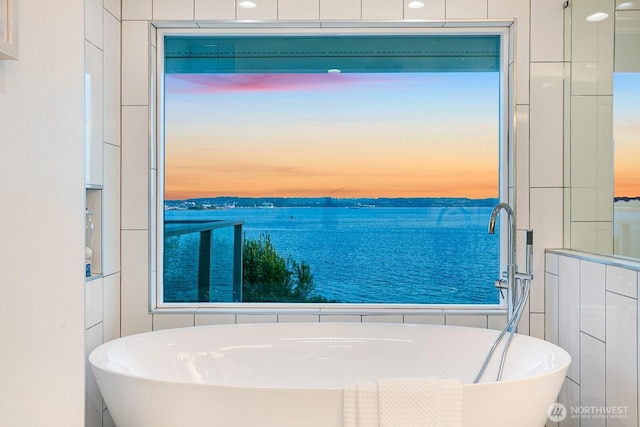 bathroom with a water view and a freestanding tub