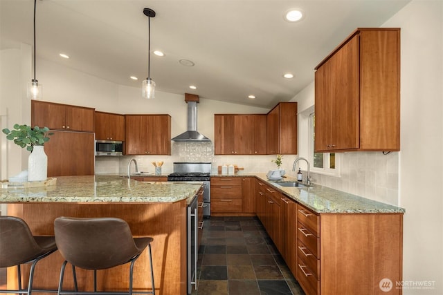 506 13th Ave W, Kirkland, WA 98033 - kitchen with appliances with stainless steel finishes, wall chimney range hood, a sink, vaulted ceiling, and brown cabinets