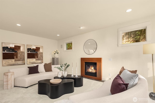 506 13th Ave W, Kirkland, WA 98033 - living room with recessed lighting, a glass covered fireplace, and carpet