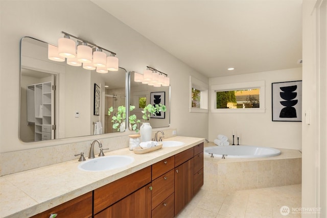 506 13th Ave W, Kirkland, WA 98033 - bathroom with double vanity, tile patterned flooring, a garden tub, and a shower
