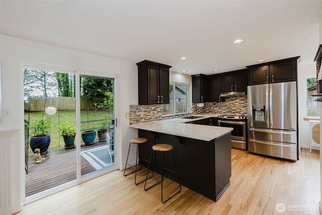 kitchen with appliances with stainless steel finishes, a sink, light countertops, decorative backsplash, and under cabinet range hood