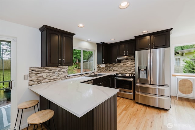 kitchen with a sink, light wood finished floors, stainless steel appliances, a peninsula, and under cabinet range hood
