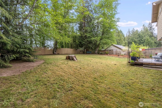 view of yard featuring a deck and a fenced backyard