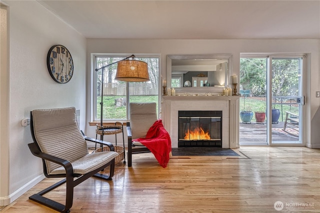 34086 Bridge View Dr NE, Kingston, WA 98346 - sitting room featuring a fireplace with flush hearth, wood finished floors, and baseboards