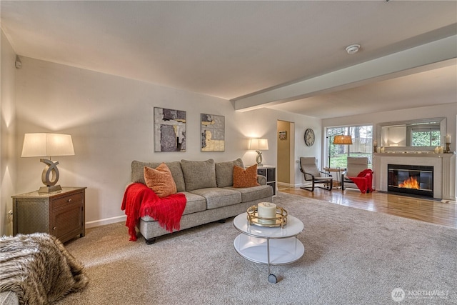 34086 Bridge View Dr NE, Kingston, WA 98346 - carpeted living area featuring baseboards, a glass covered fireplace, and beamed ceiling