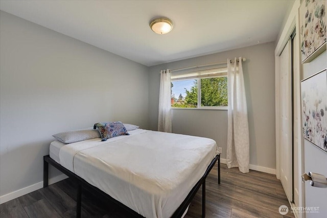 3507 222nd St SW, Mountlake Terrace, WA 98043 - bedroom with baseboards, dark wood-type flooring, and a closet