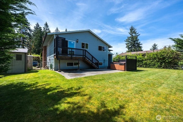 3507 222nd St SW, Mountlake Terrace, WA 98043 - back of property featuring a hot tub, a patio area, a wooden deck, and stairs