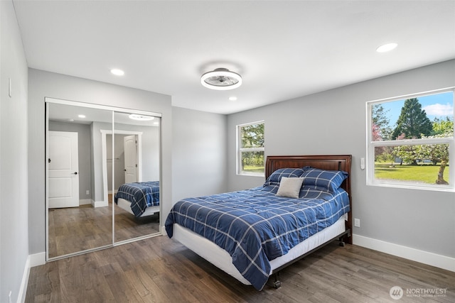245 Stowell Rd, Salkum, WA 98570 - bedroom featuring recessed lighting, baseboards, wood finished floors, and a closet