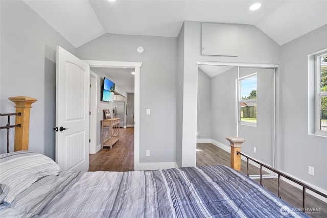 245 Stowell Rd, Salkum, WA 98570 - bedroom with baseboards, wood finished floors, and lofted ceiling