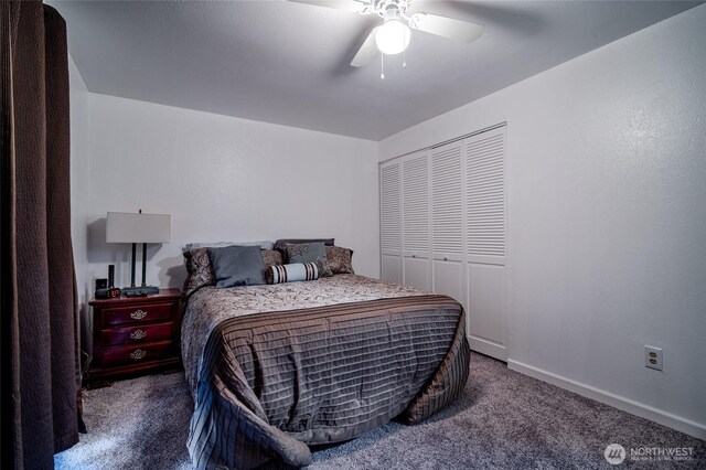 3515 W Tapps Dr E, Lake Tapps, WA 98391 - bedroom featuring carpet floors, baseboards, ceiling fan, and a closet