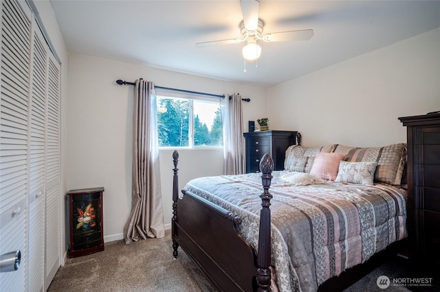 3515 W Tapps Dr E, Lake Tapps, WA 98391 - carpeted bedroom featuring a closet, baseboards, and ceiling fan