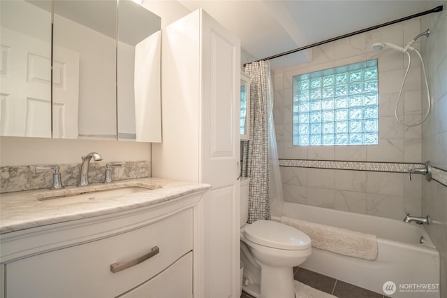 3515 W Tapps Dr E, Lake Tapps, WA 98391 - bathroom with shower / bath combo with shower curtain, toilet, tile patterned flooring, and vanity