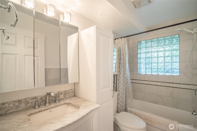 3515 W Tapps Dr E, Lake Tapps, WA 98391 - full bathroom featuring vanity, toilet, shower / bathtub combination with curtain, and visible vents