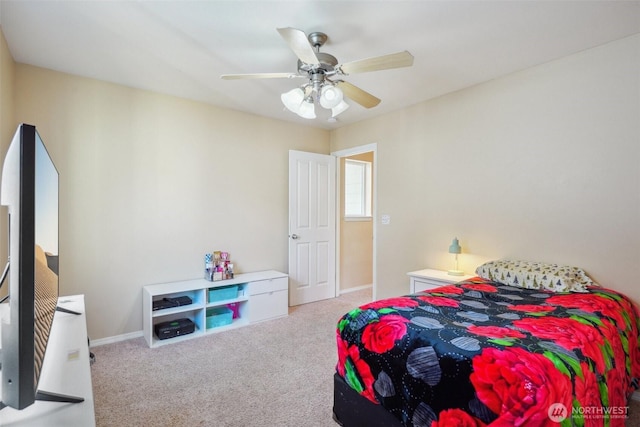 bedroom with carpet floors, a ceiling fan, and baseboards
