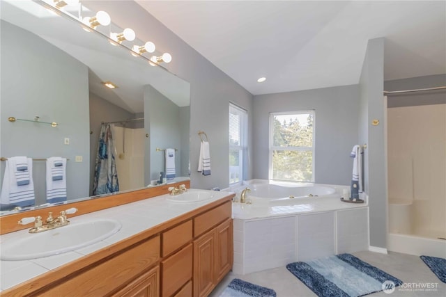 5801 51st Avenue Ct E, Tacoma, WA 98443 - full bath with a sink, double vanity, a shower stall, and a garden tub