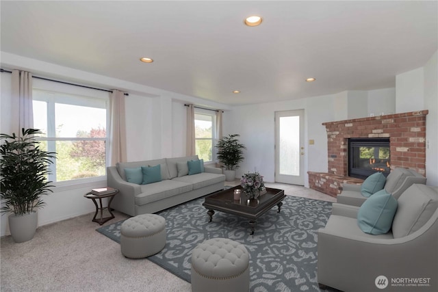 5801 51st Avenue Ct E, Tacoma, WA 98443 - living room with carpet flooring, recessed lighting, and a brick fireplace