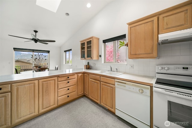 351 19th St NE Unit 10, East Wenatchee, WA 98802 - kitchen featuring a sink, light countertops, lofted ceiling with skylight, under cabinet range hood, and white appliances
