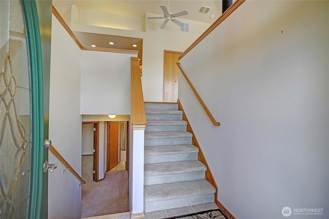 2279 Elger Park Rd, Camano Island, WA 98282 - stairs featuring a ceiling fan, carpet floors, and recessed lighting