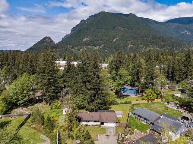 aerial view with a view of trees and a mountain view