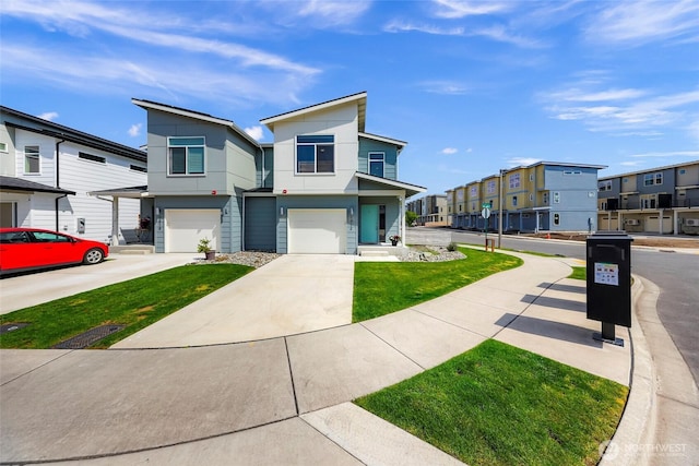 contemporary house featuring a residential view, a garage, a front lawn, concrete driveway, and stucco siding
