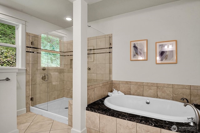 3122 SW 172nd St, Burien, WA 98166 - bathroom featuring a stall shower, a bath, tile patterned flooring, and recessed lighting