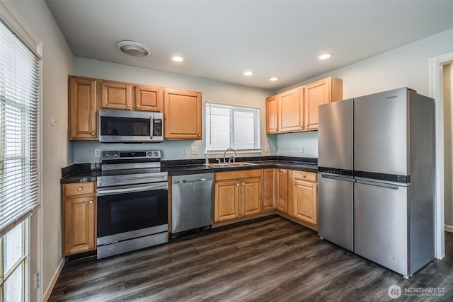 kitchen featuring recessed lighting, a sink, dark wood finished floors, and stainless steel appliances
