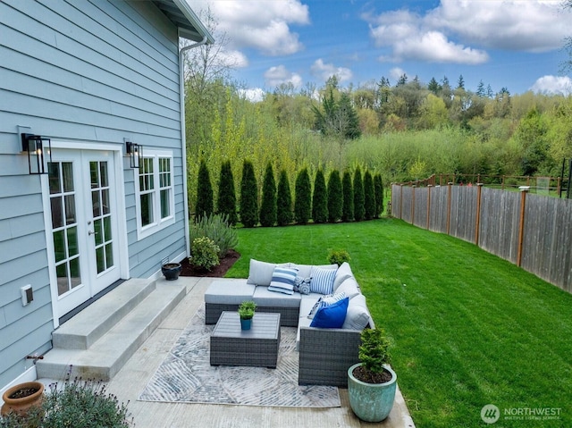 10841 NE 108th St, Kirkland, WA 98033 - view of patio / terrace with fence, french doors, and an outdoor living space