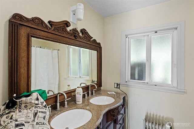 bathroom featuring radiator heating unit, double vanity, and a sink