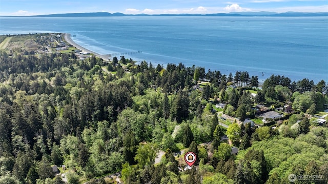 aerial view featuring a water and mountain view