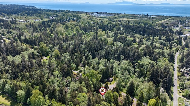 aerial view with a wooded view and a water and mountain view