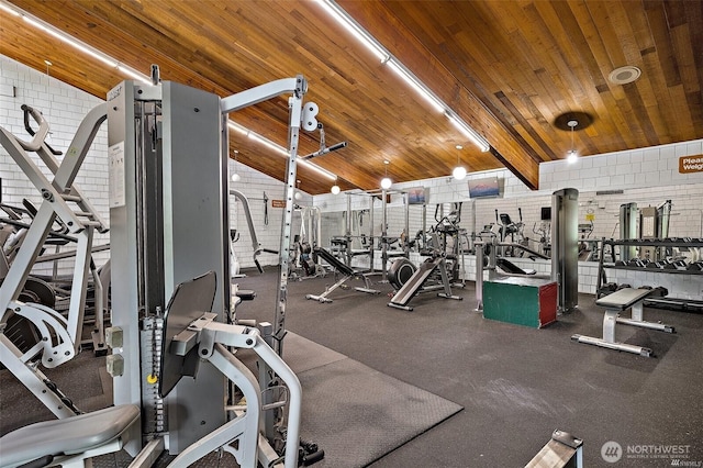 6702 139th Ave NE Unit 742, Redmond, WA 98052 - workout area with lofted ceiling, brick wall, and wooden ceiling