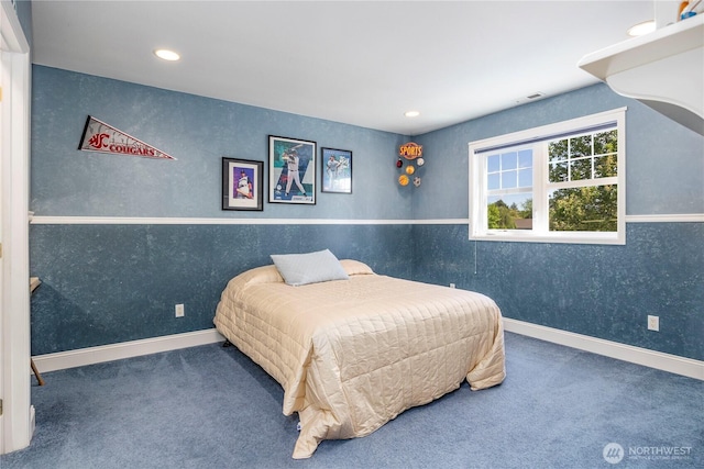 bedroom featuring baseboards, carpet, recessed lighting, and visible vents