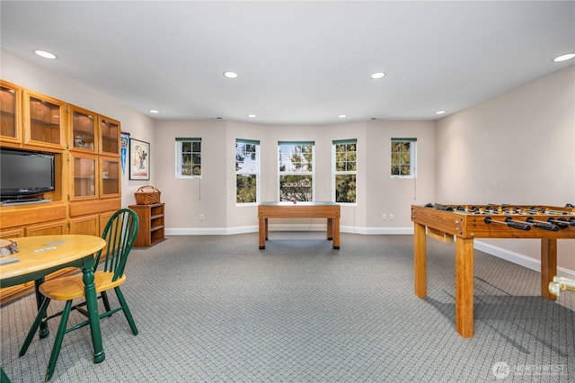 game room with baseboards, recessed lighting, and light colored carpet