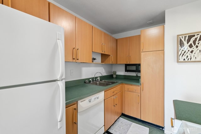 kitchen with a sink, dark countertops, open shelves, and white appliances