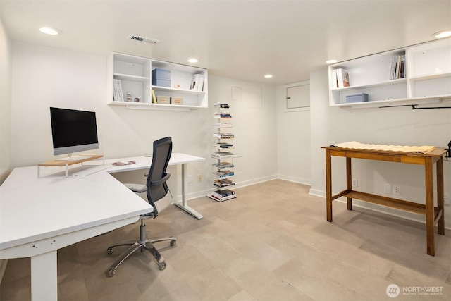 office with baseboards, recessed lighting, and visible vents