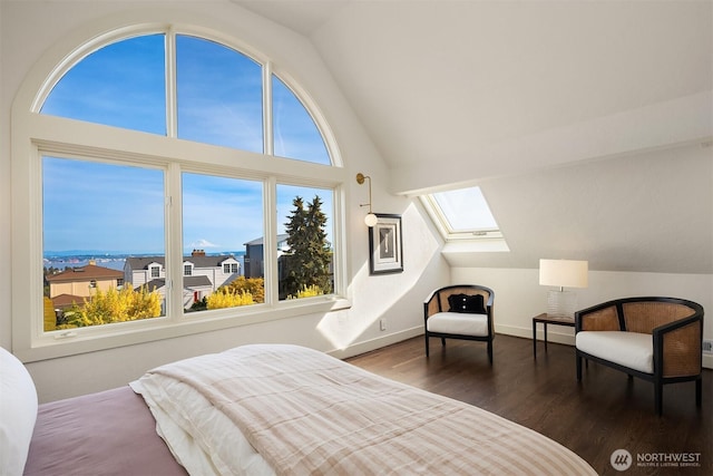 bedroom featuring baseboards, a skylight, multiple windows, and wood finished floors