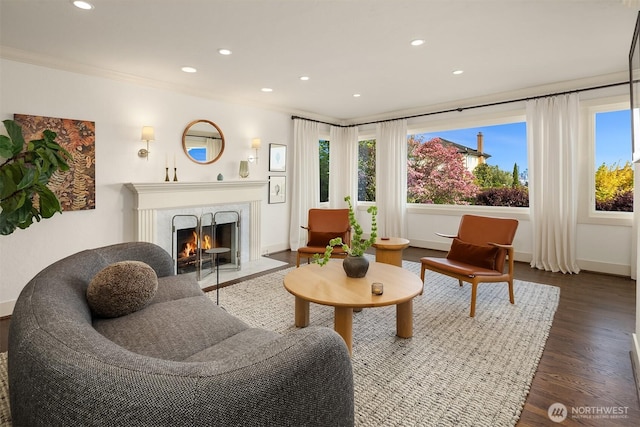 living area with recessed lighting, baseboards, dark wood-type flooring, and a premium fireplace