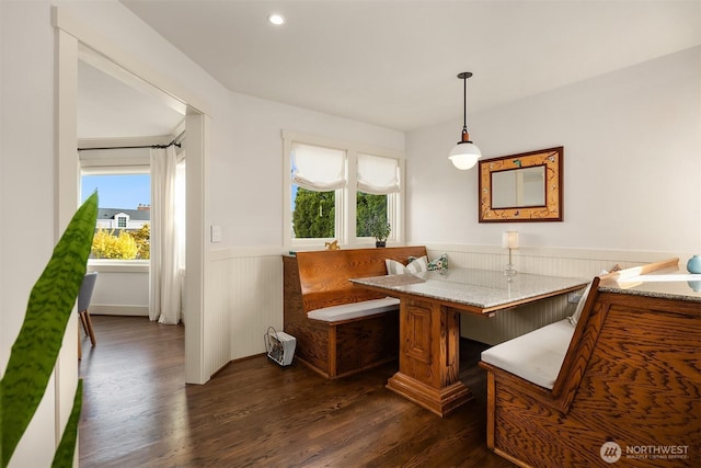 dining space with a wealth of natural light, wainscoting, dark wood-type flooring, and breakfast area