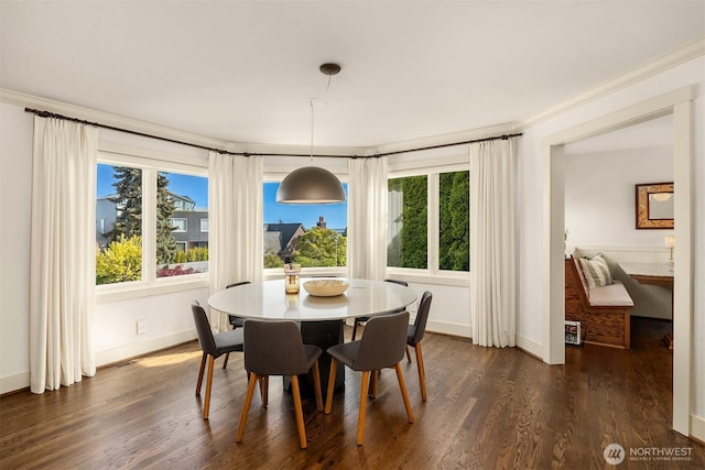 dining area with baseboards, a healthy amount of sunlight, and dark wood-style floors